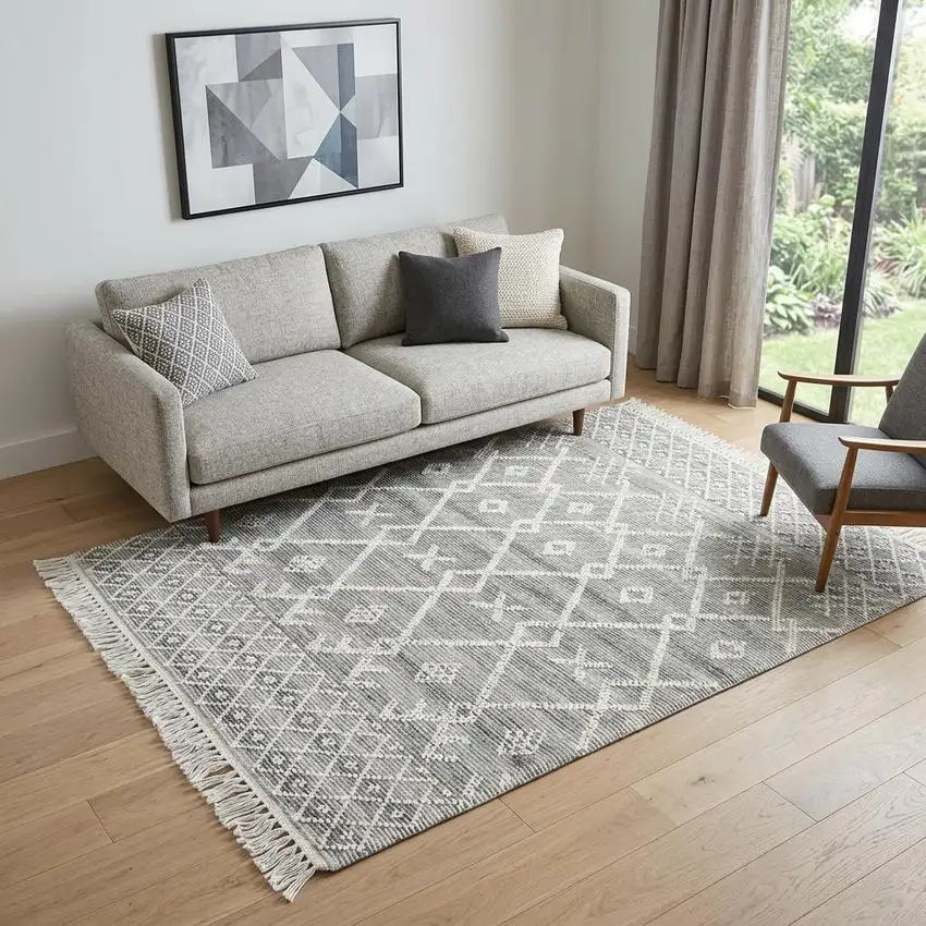Gray and Ivory Geometric Hand Woven Area Rug With Fringe Photo 1