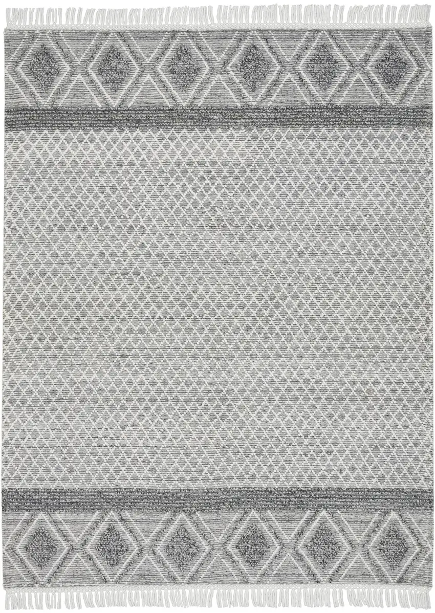 Gray and Ivory Geometric Hand Woven Area Rug With Fringe Photo 6