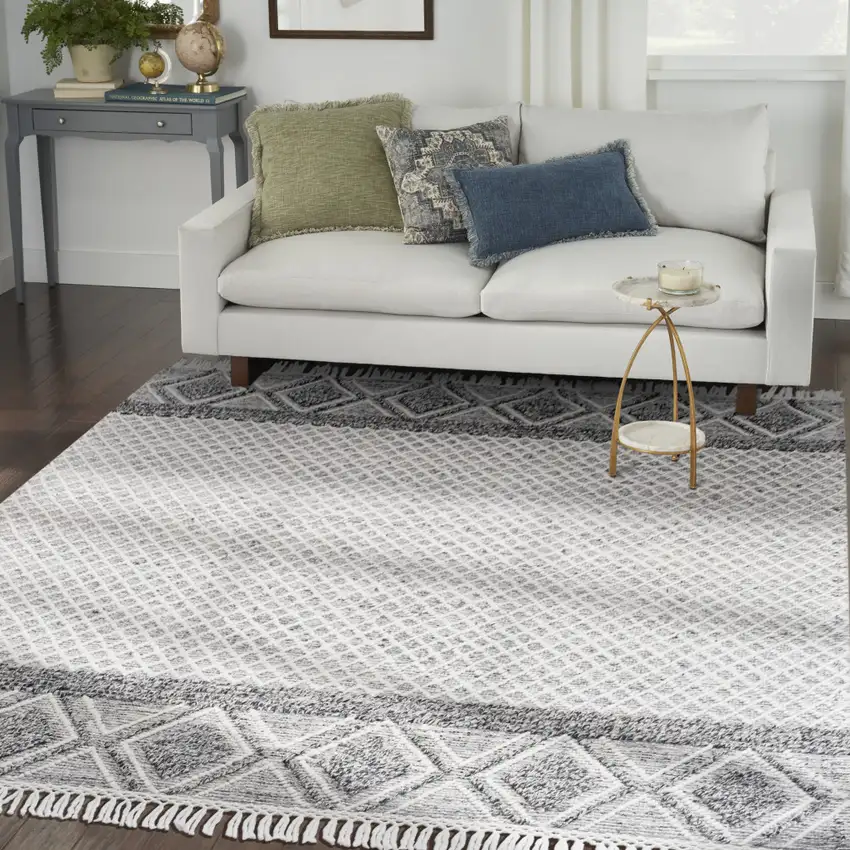 Gray and Ivory Geometric Hand Woven Area Rug With Fringe Photo 5