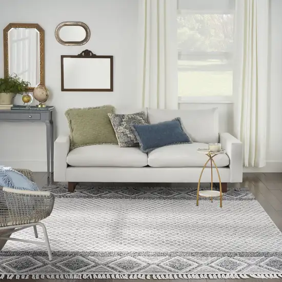 Gray and Ivory Geometric Hand Woven Area Rug With Fringe Photo 6