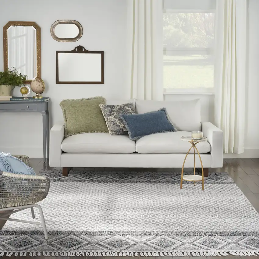 Gray and Ivory Geometric Hand Woven Area Rug With Fringe Photo 6