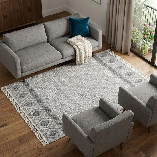 Gray and Ivory Geometric Hand Woven Area Rug With Fringe Photo 1
