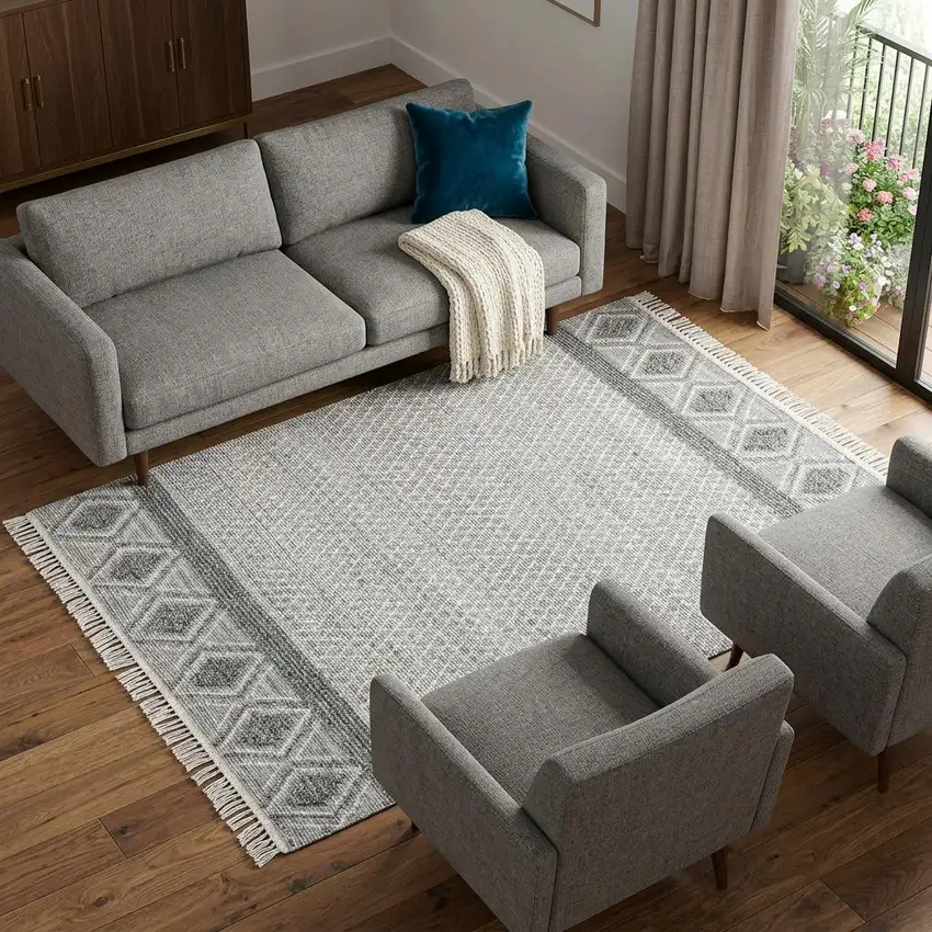 Gray and Ivory Geometric Hand Woven Area Rug With Fringe Photo 1