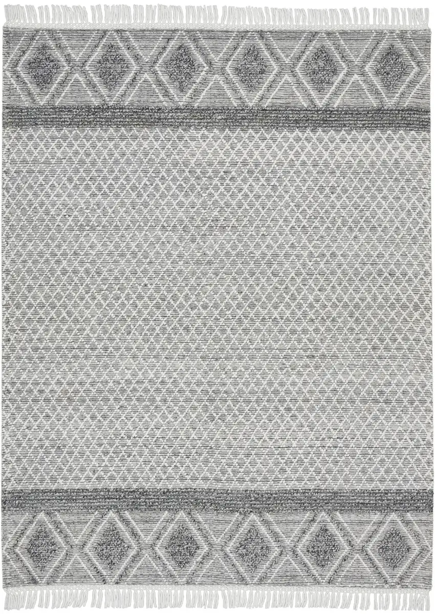 Gray and Ivory Geometric Hand Woven Area Rug With Fringe Photo 1