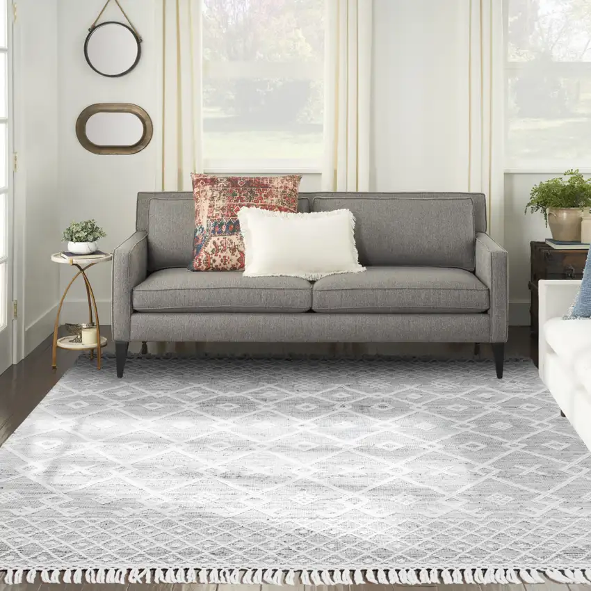 Gray and Ivory Geometric Hand Woven Area Rug With Fringe Photo 6
