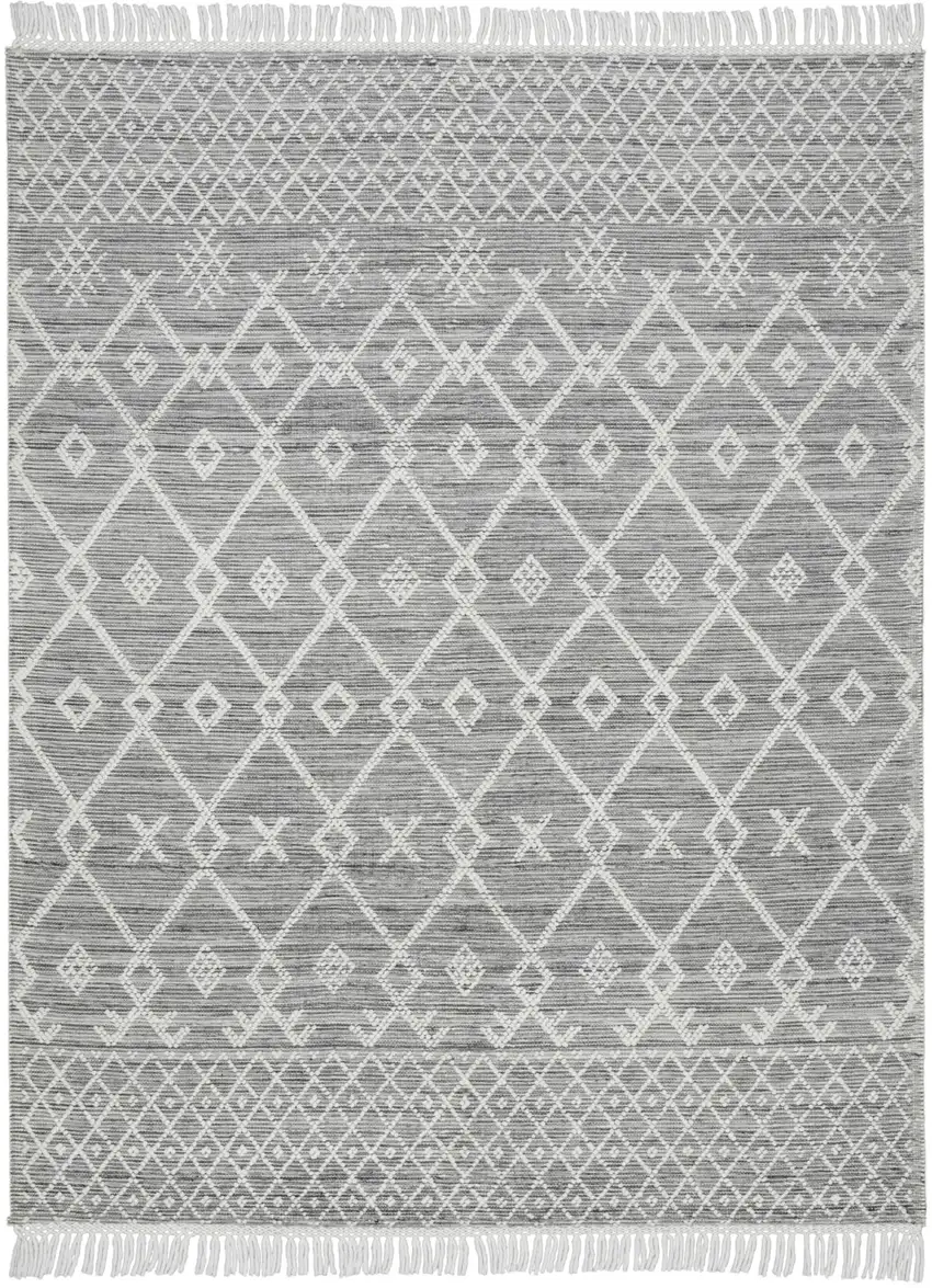 Gray and Ivory Geometric Hand Woven Area Rug With Fringe Photo 2