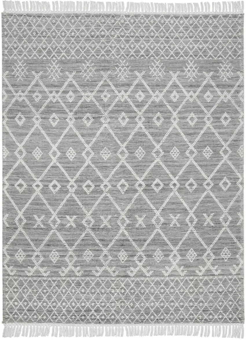 Gray and Ivory Geometric Hand Woven Area Rug With Fringe Photo 1
