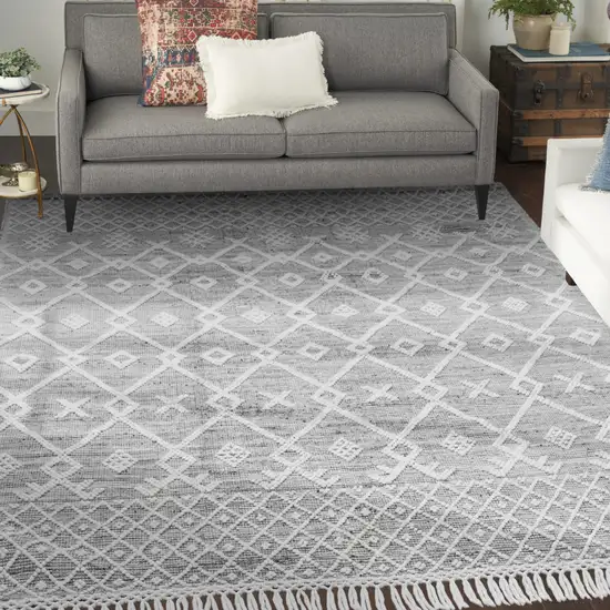 Gray and Ivory Geometric Hand Woven Area Rug With Fringe Photo 5