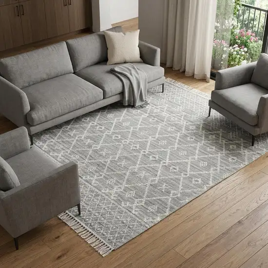 Gray and Ivory Geometric Hand Woven Area Rug With Fringe Photo 1