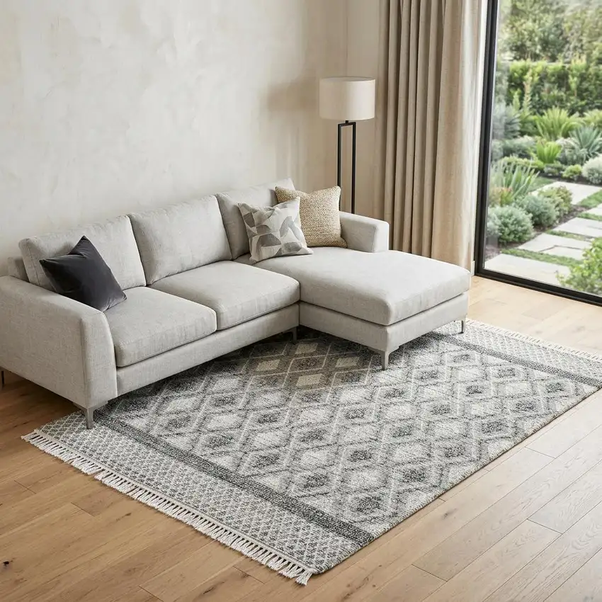 Gray and Ivory Geometric Hand Woven Area Rug With Fringe Photo 1