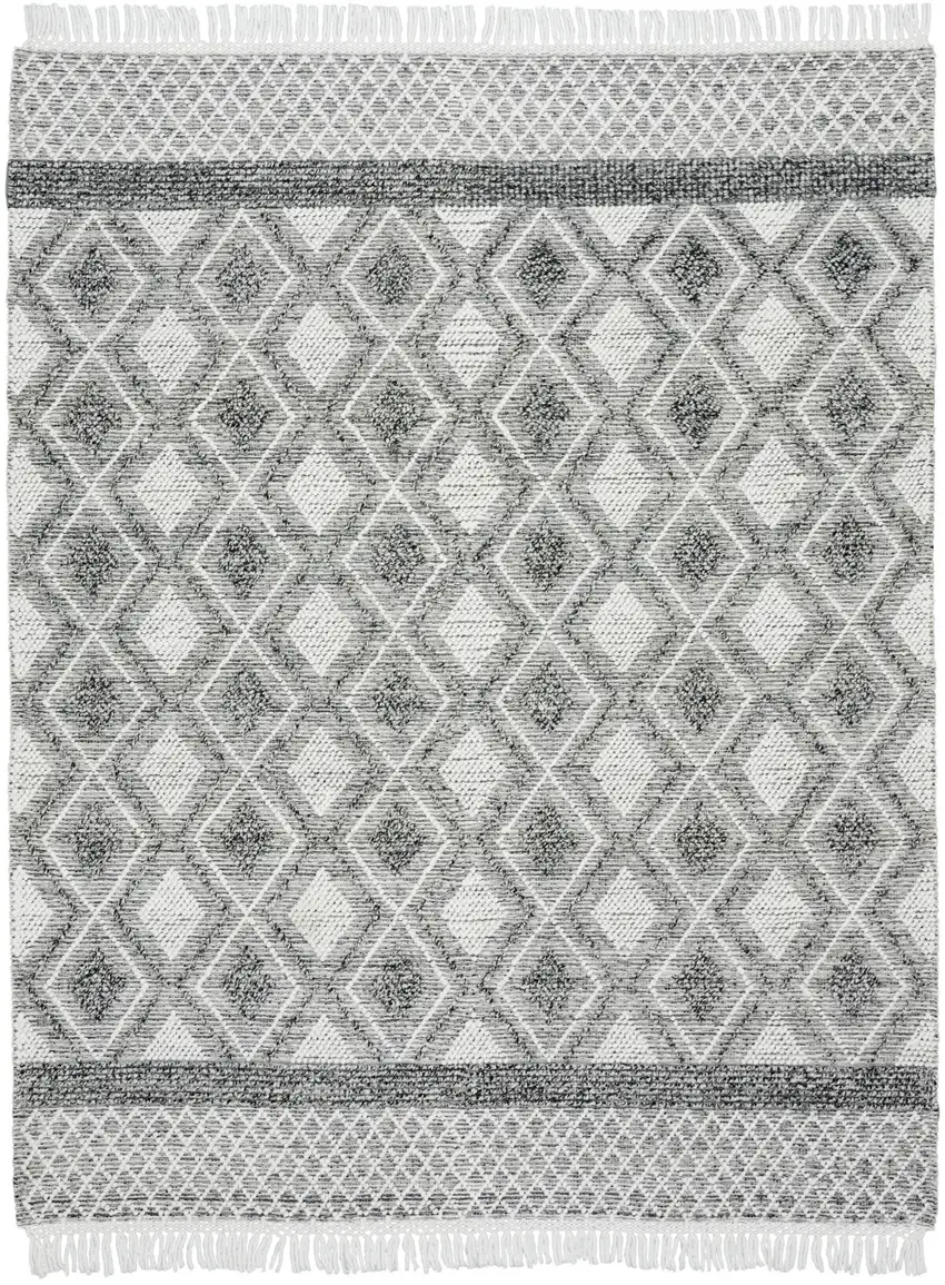Gray and Ivory Geometric Hand Woven Area Rug With Fringe Photo 1