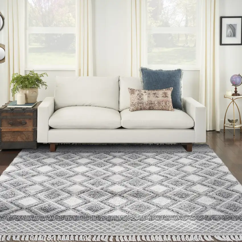 Gray and Ivory Geometric Hand Woven Area Rug With Fringe Photo 6