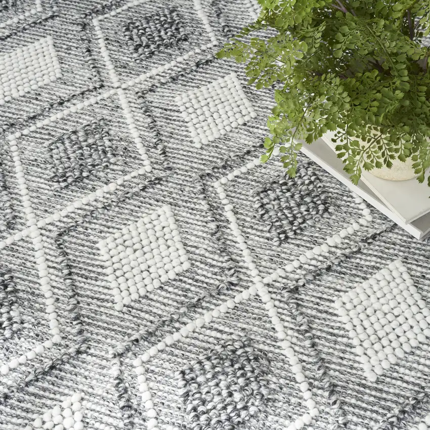 Gray and Ivory Geometric Hand Woven Area Rug With Fringe Photo 4