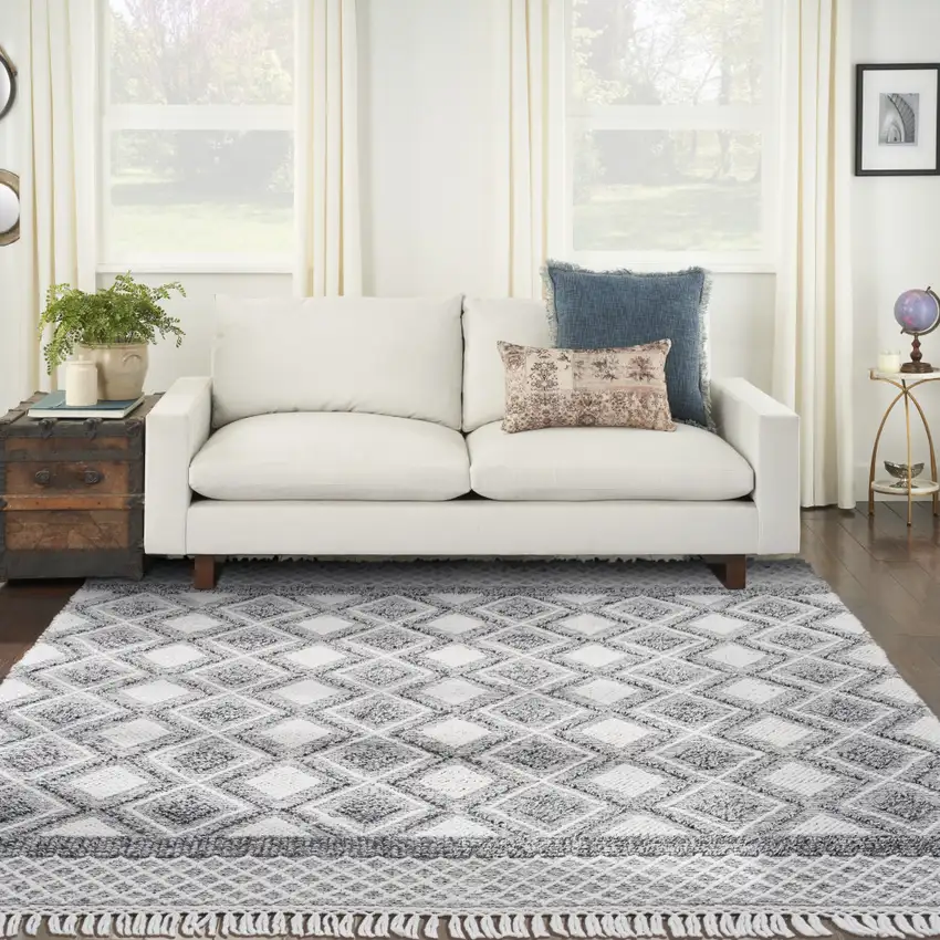 Gray and Ivory Geometric Hand Woven Area Rug With Fringe Photo 8