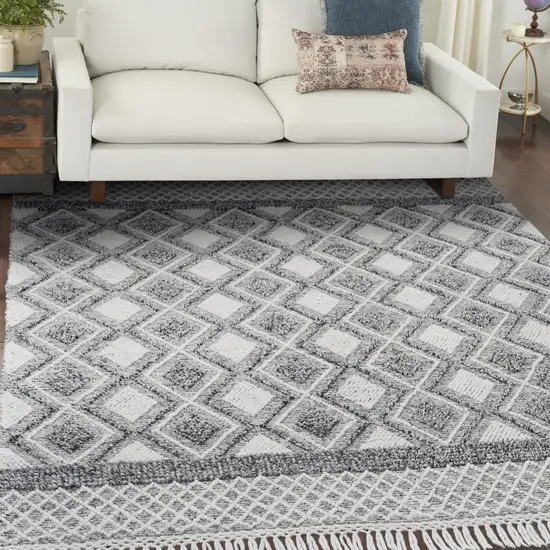 Gray and Ivory Geometric Hand Woven Area Rug With Fringe Photo 5