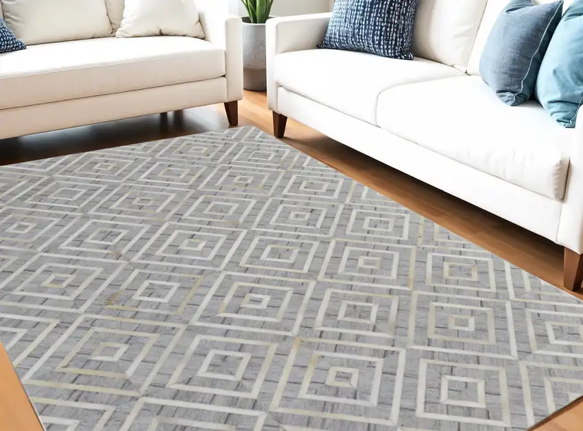 Gray and Ivory Geometric Hand Woven Area Rug Photo 1