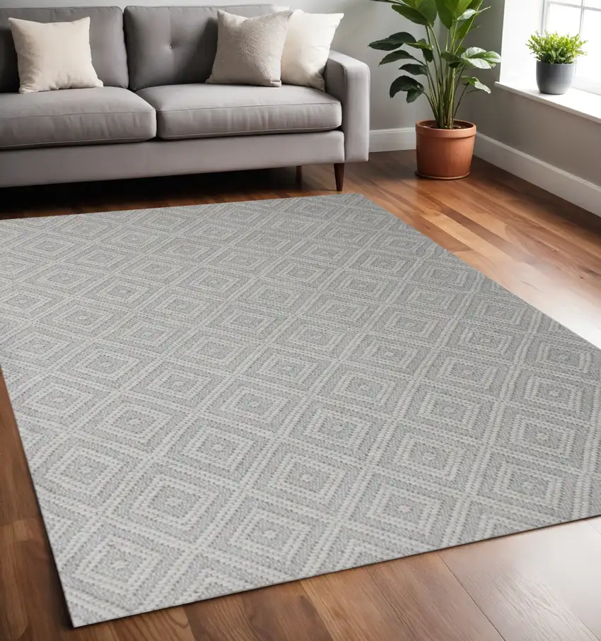 Gray and Ivory Geometric Hand Woven Non Skid Area Rug Photo 2