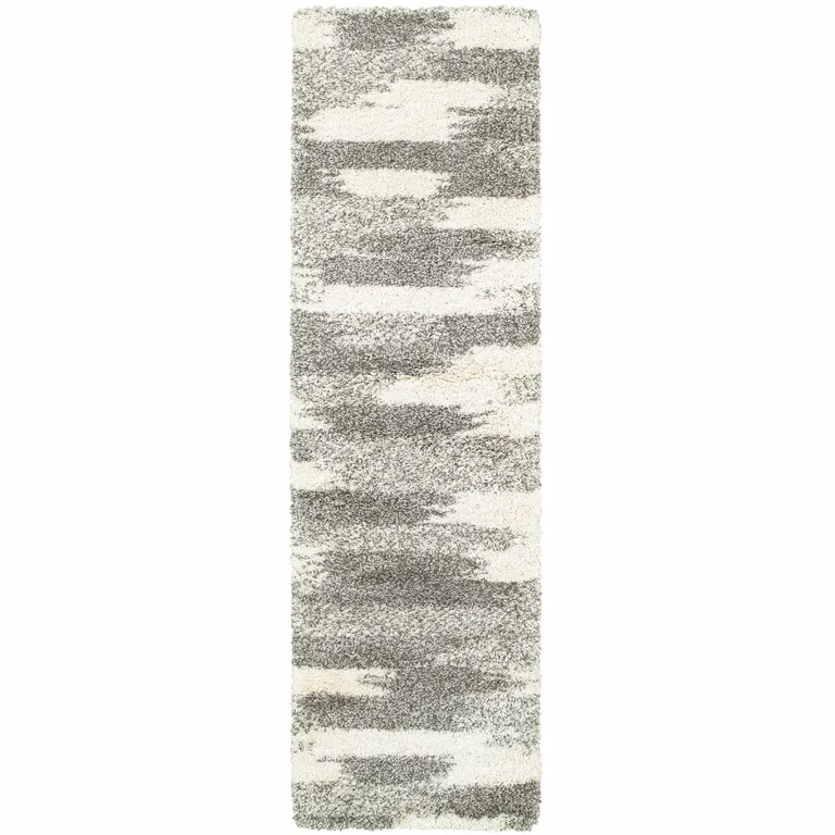 Gray and Ivory Geometric Pattern Runner Rug Photo 1