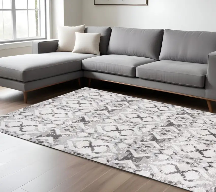 Gray and Ivory Geometric Power Loom Area Rug Photo 1