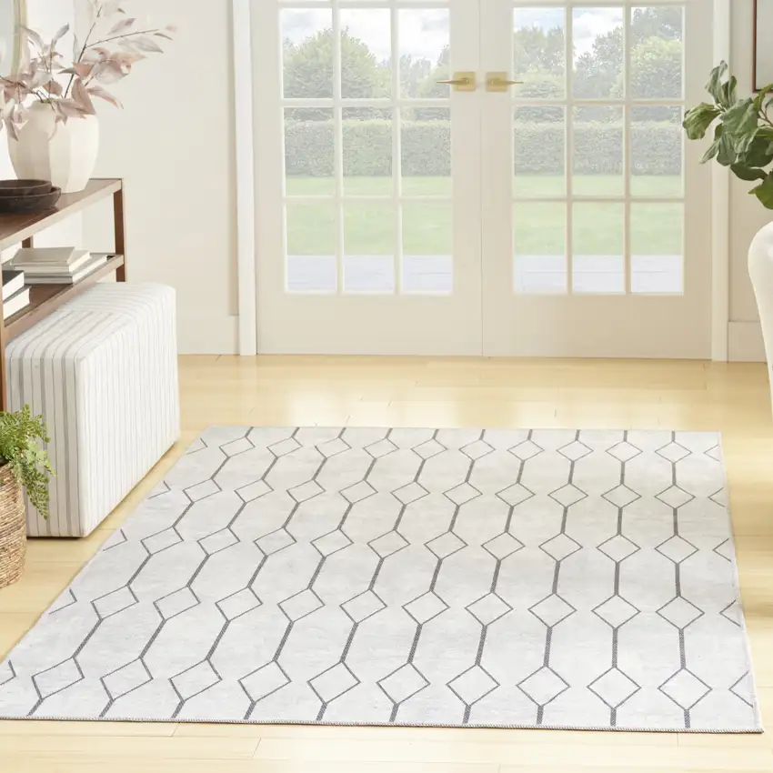 Gray and Ivory Geometric Power Loom Distressed Washable Area Rug Photo 7