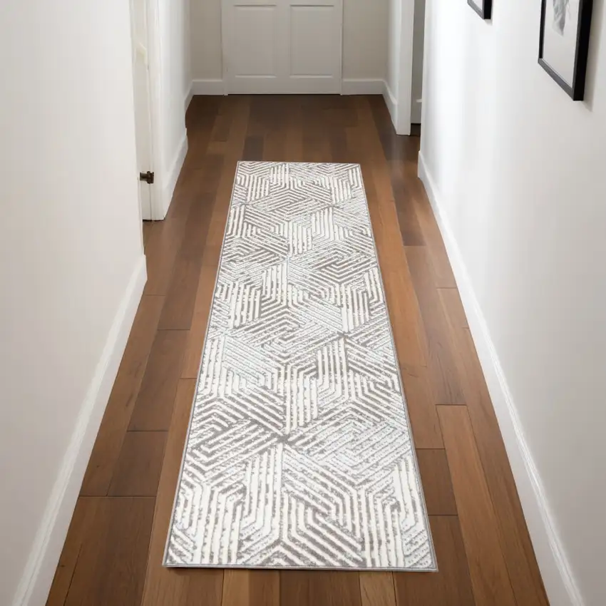 Gray and Ivory Geometric Power Loom Runner Rug Photo 1
