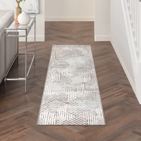 8' Gray And Ivory Geometric Runner Rug Photo 5