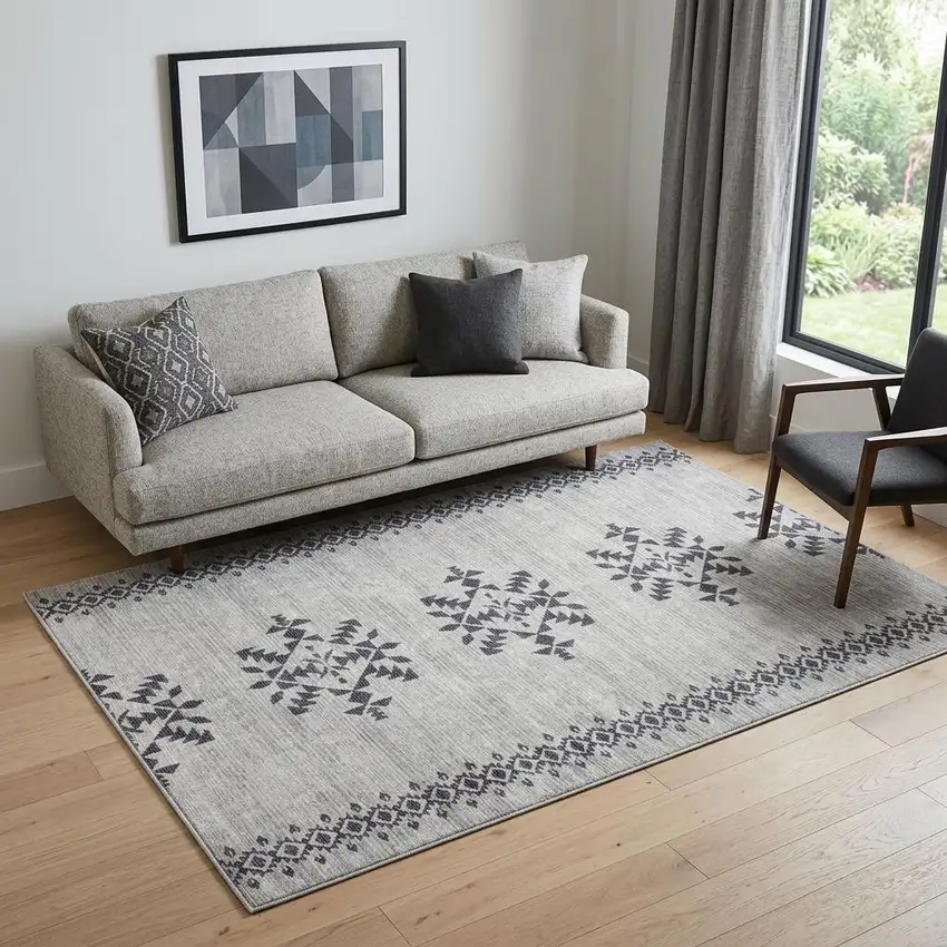 5' X 7' Gray and Ivory Geometric Power Loom Washable Area Rug Photo 1