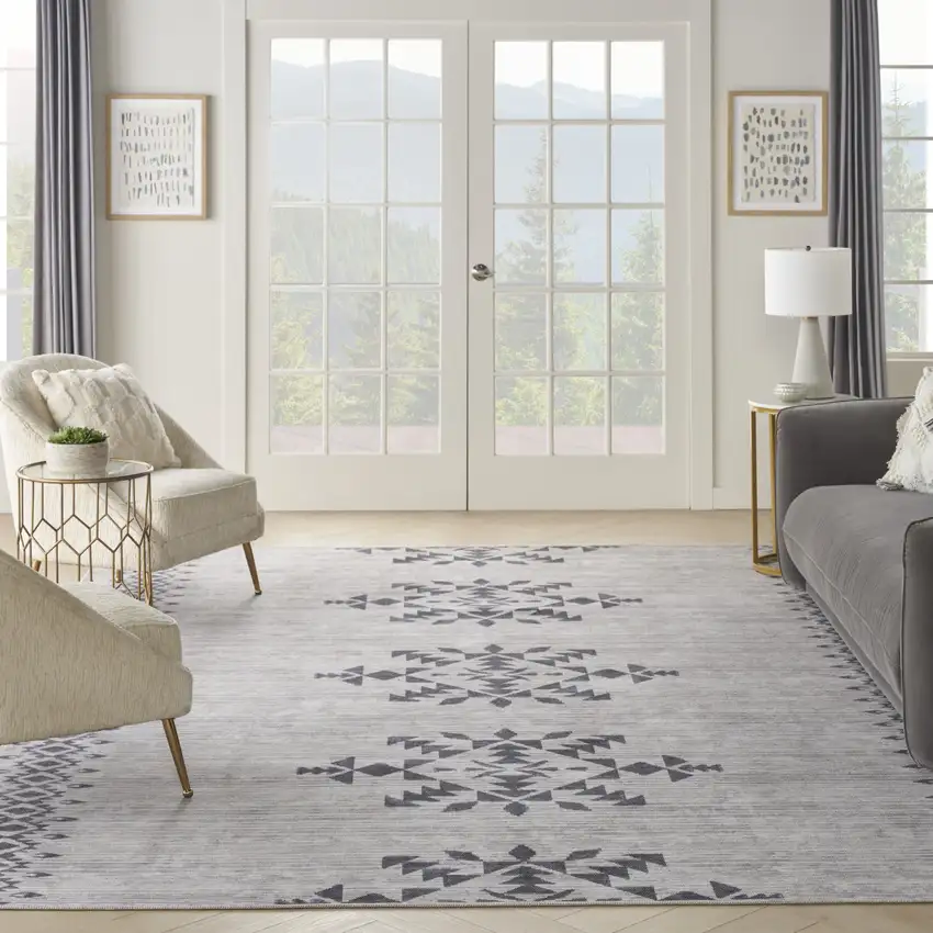 Gray and Ivory Geometric Power Loom Washable Area Rug Photo 5