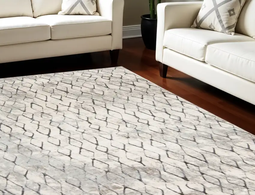 Gray and Ivory Geometric Power Loom Worn Faded Area Rug Photo 1