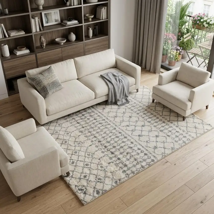Gray And Ivory Geometric Shag Area Rug Photo 1