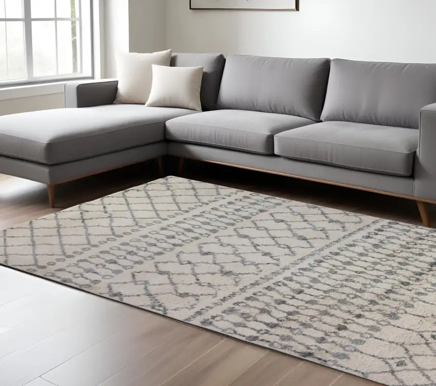 Gray and Ivory Geometric Shag Area Rug Photo 8