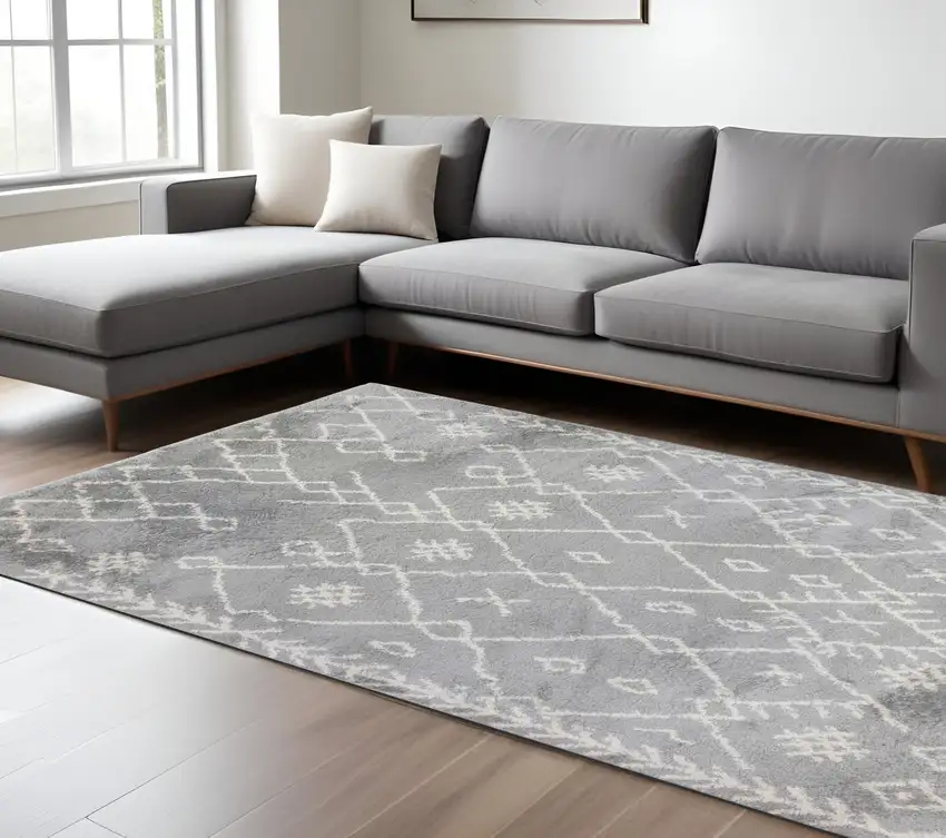Gray and Ivory Geometric Shag Area Rug Photo 1