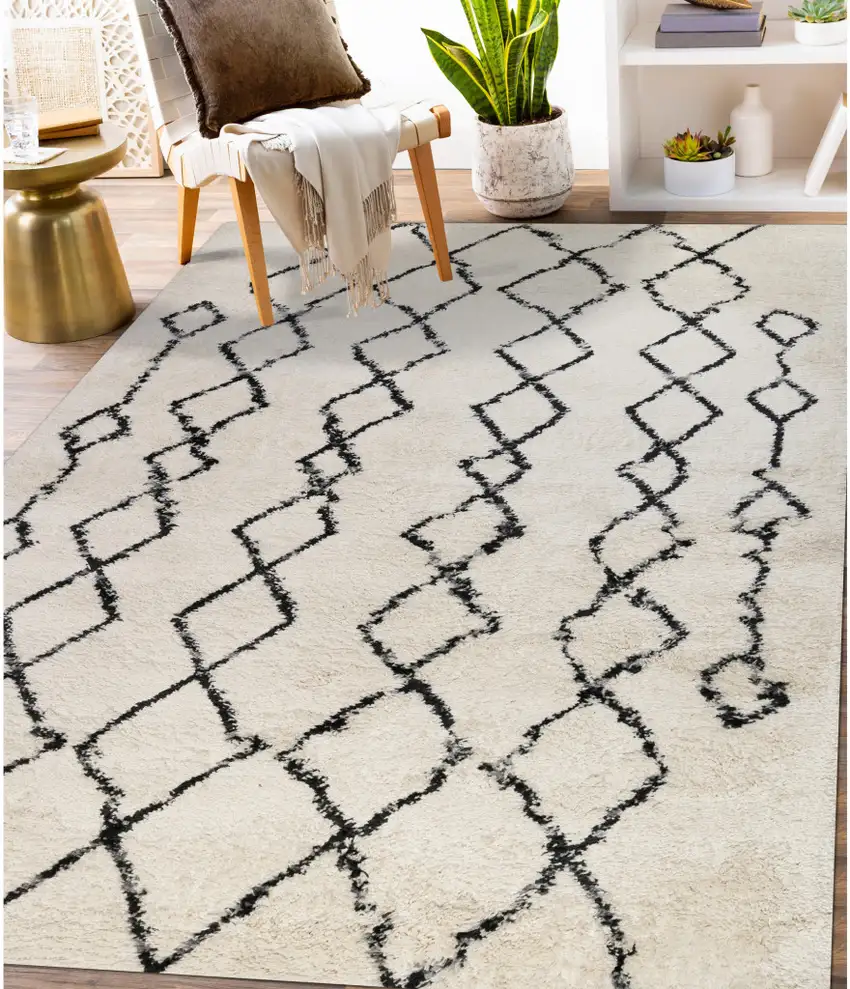 Gray and Ivory Geometric Shag Area Rug Photo 5