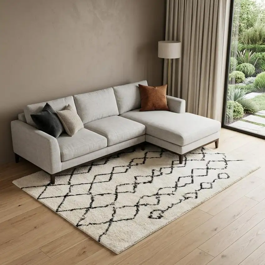 Black and Ivory Geometric Shag Area Rug Photo 1