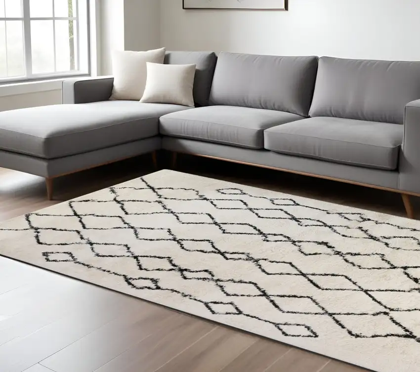 Black and Ivory Geometric Shag Area Rug Photo 1