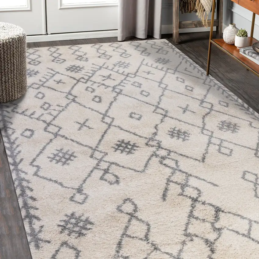 Gray And Ivory Geometric Shag Area Rug Photo 6