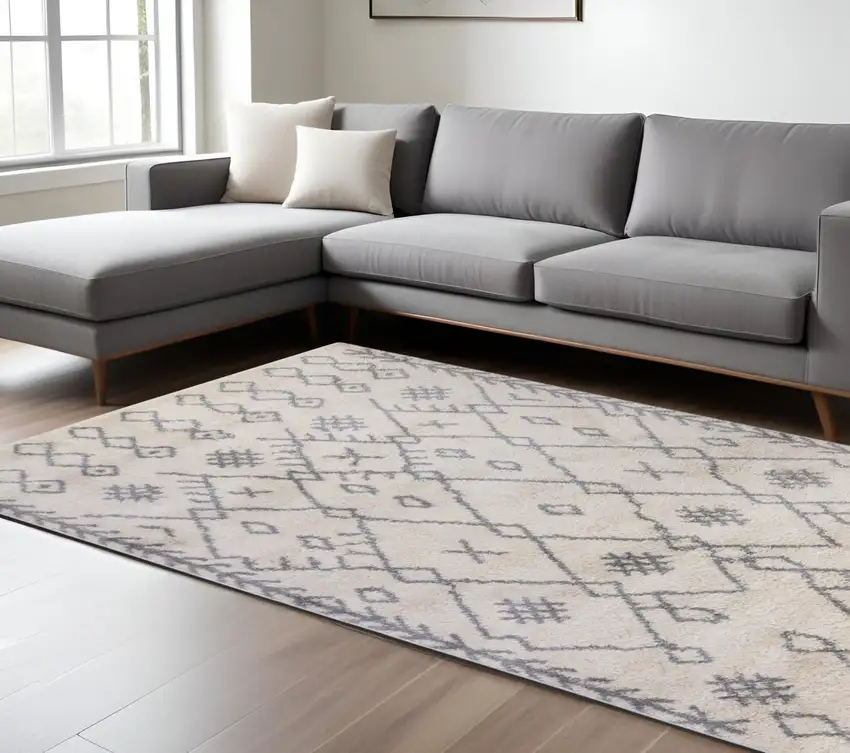 Gray And Ivory Geometric Shag Area Rug Photo 1