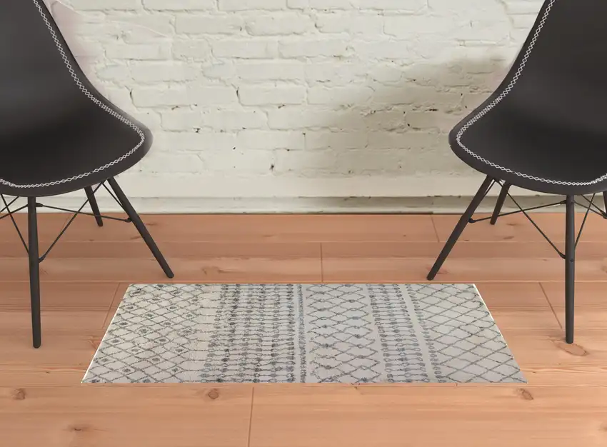 Gray and Ivory Geometric Shag Area Rug Photo 2