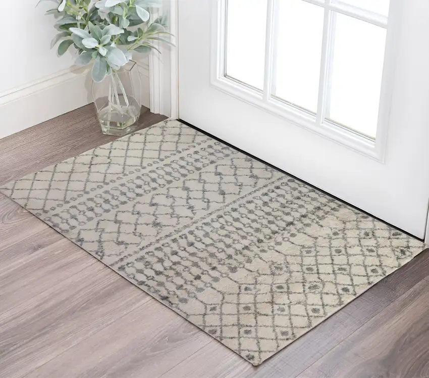 Gray and Ivory Geometric Shag Area Rug Photo 1
