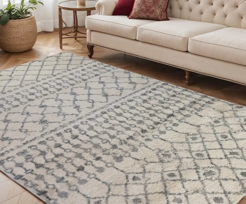 Gray and Ivory Geometric Shag Area Rug Photo 1