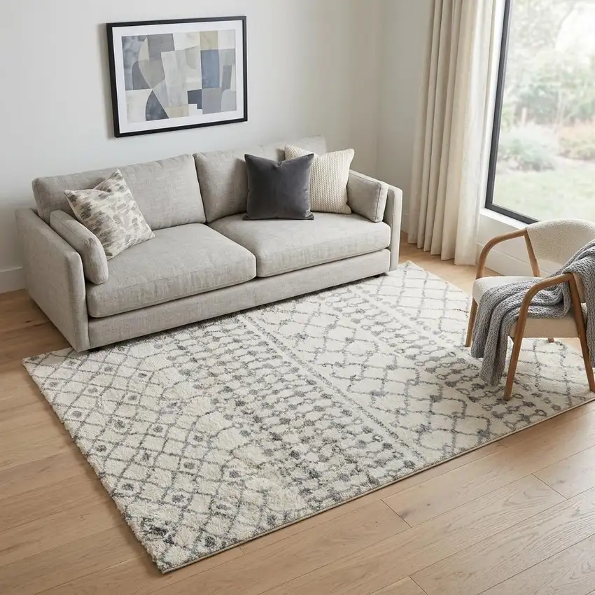 Gray And Ivory Geometric Shag Area Rug Photo 1