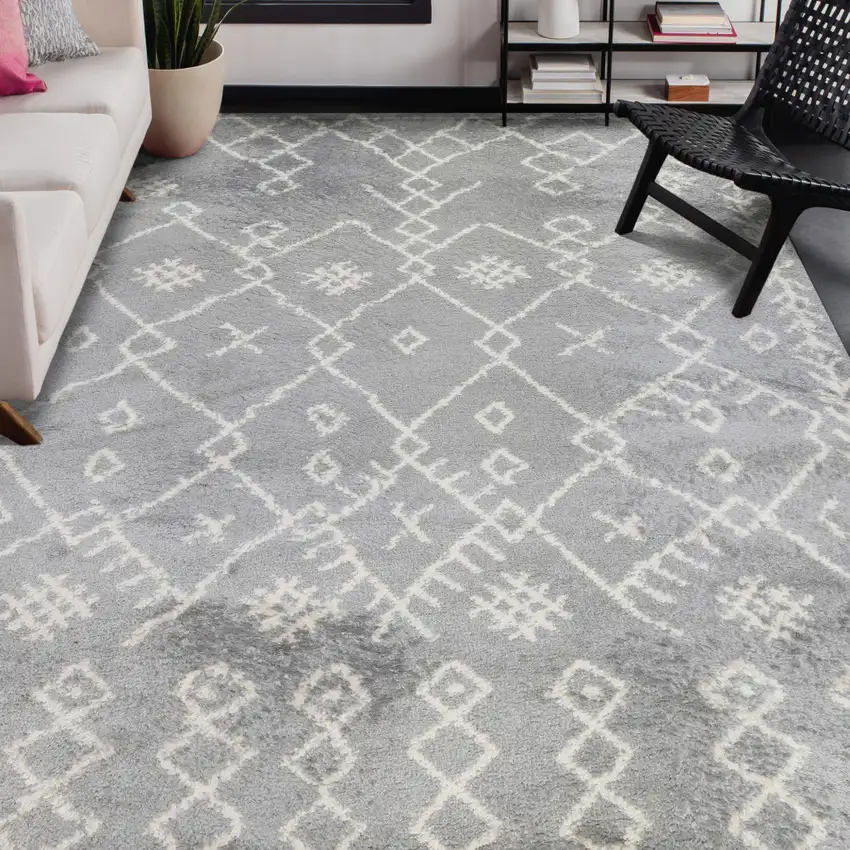 Gray and Ivory Geometric Shag Area Rug Photo 5