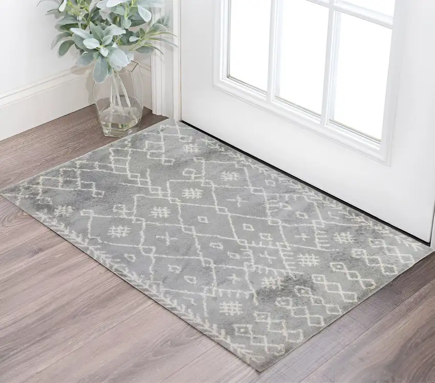 Gray and Ivory Geometric Shag Area Rug Photo 1