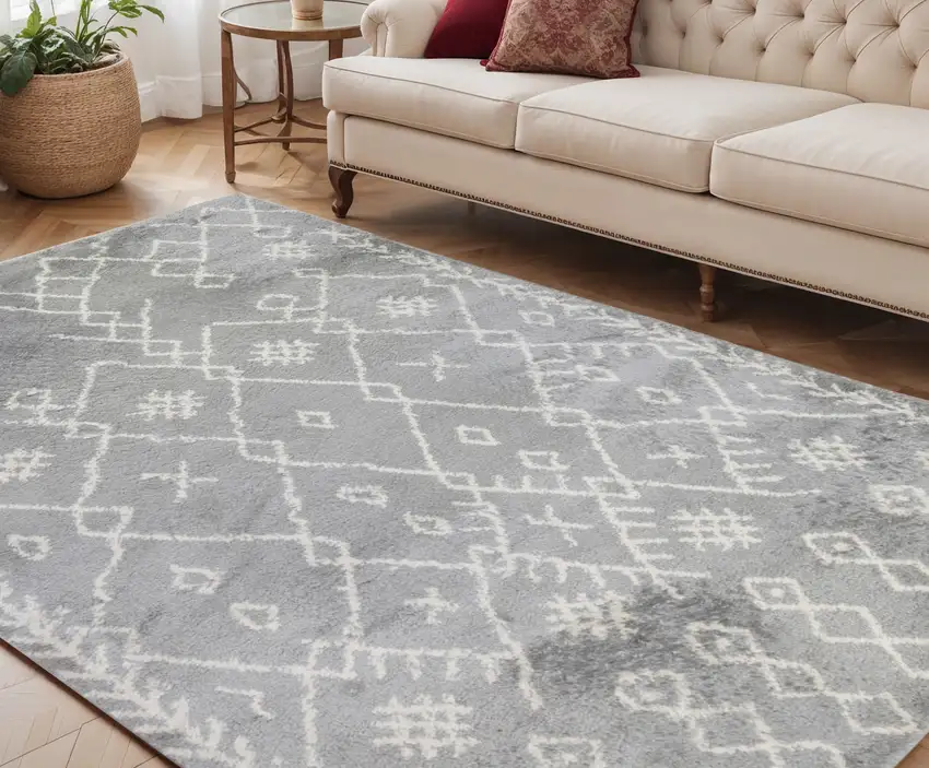 Gray and Ivory Geometric Shag Area Rug Photo 1