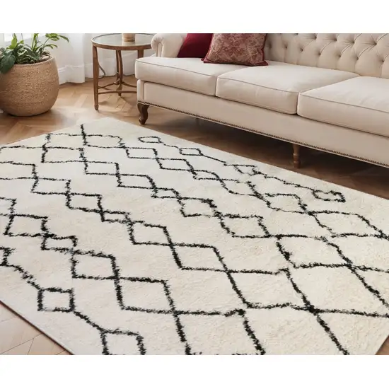 Ivory and Black Geometric Shag Area Rug Photo 1