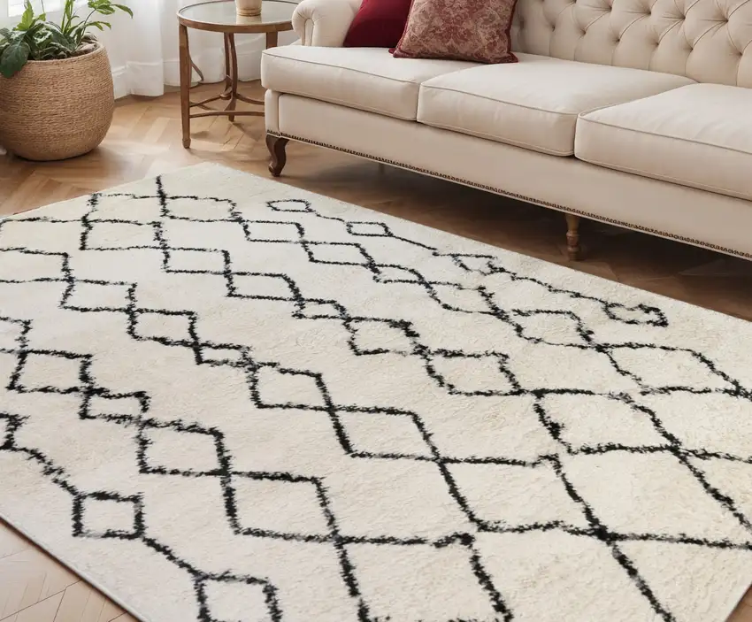 Ivory and Black Geometric Shag Area Rug Photo 1