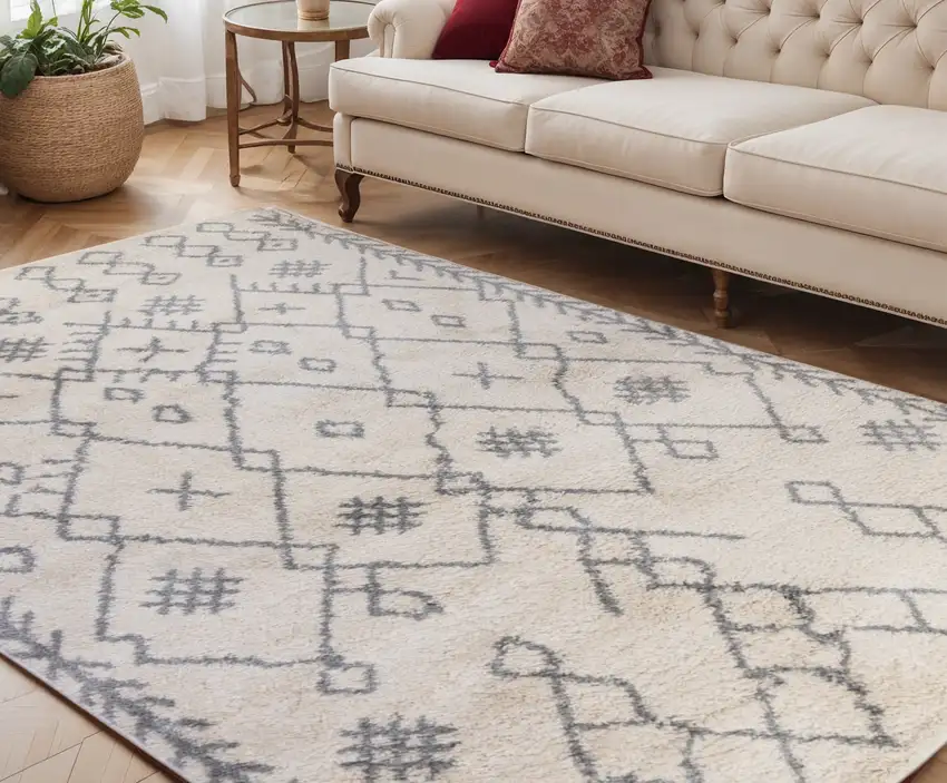 Gray and Ivory Geometric Shag Area Rug Photo 1