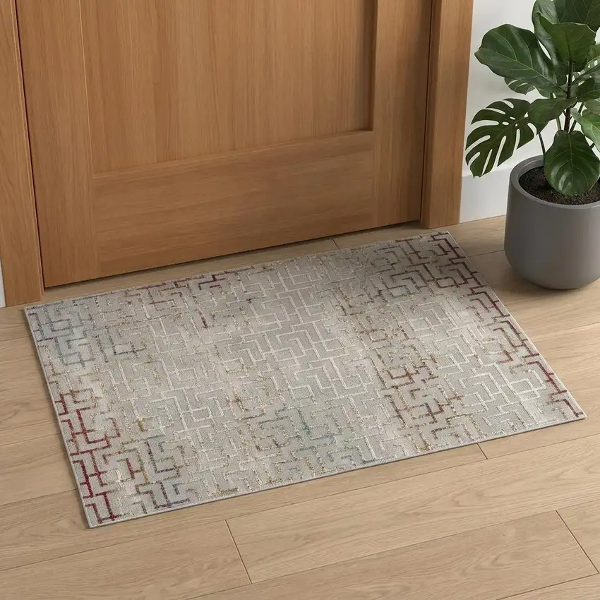 Gray and Ivory Geometric Washable Non Skid Area Rug Photo 1
