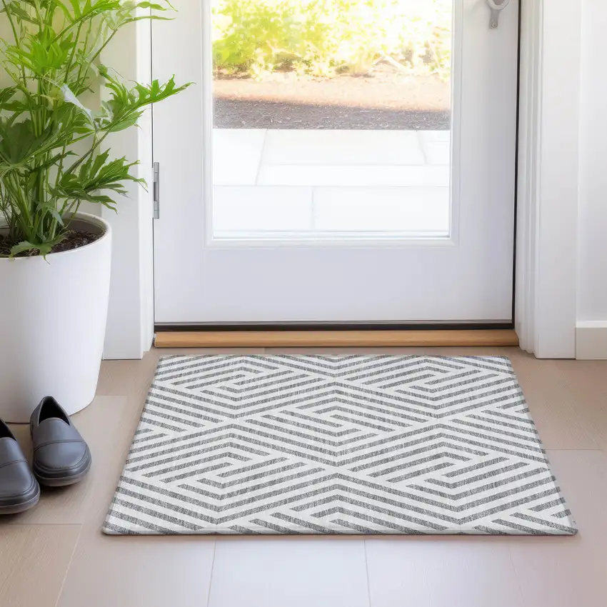 Gray and Ivory Geometric Washable Non Skid Indoor Outdoor Area Rug Photo 9
