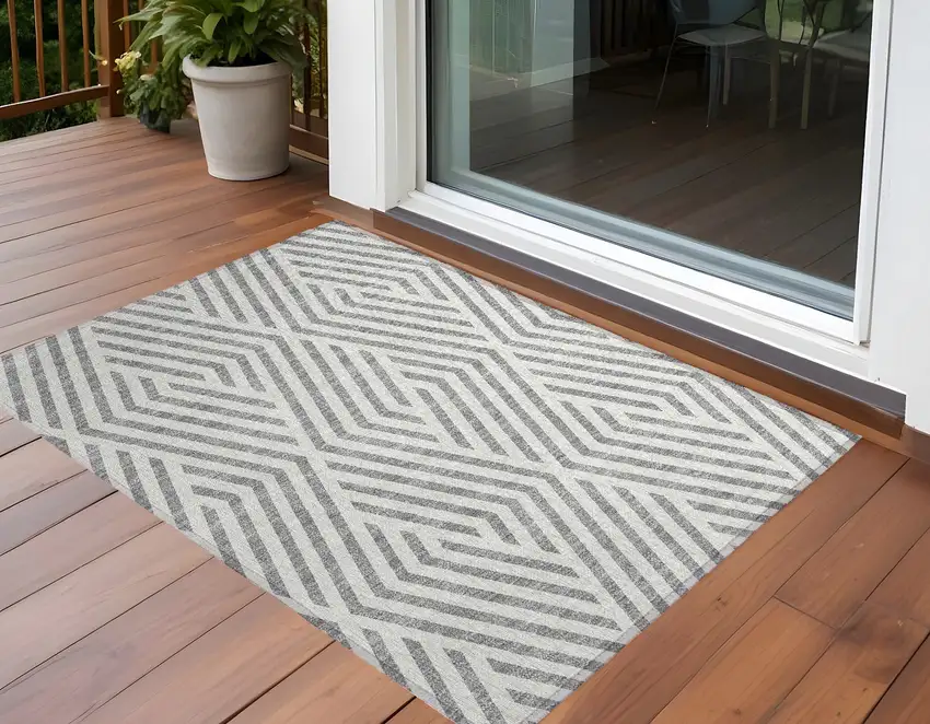 Gray and Ivory Geometric Washable Non Skid Indoor Outdoor Area Rug Photo 1